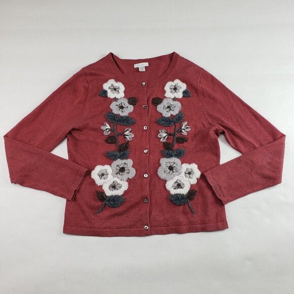 Garnet Hill Silk Cashmere Embroidered Sweater Womens Medium Red Floral Cardigan - Picture 1 of 10